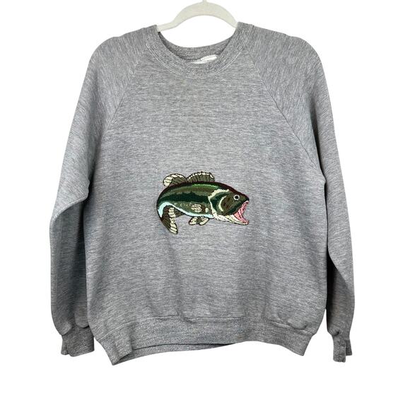 Vintage Fishing Sweatshirt | Bass Fish Embroidery | Outdoors Cabin Pullover M/L - Picture 7 of 7